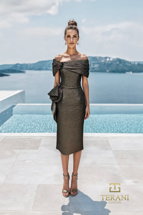 Terani Couture 261C6523 Cocktail Off-Shoulder Ruffled Formal Metallic Jacquard Dress