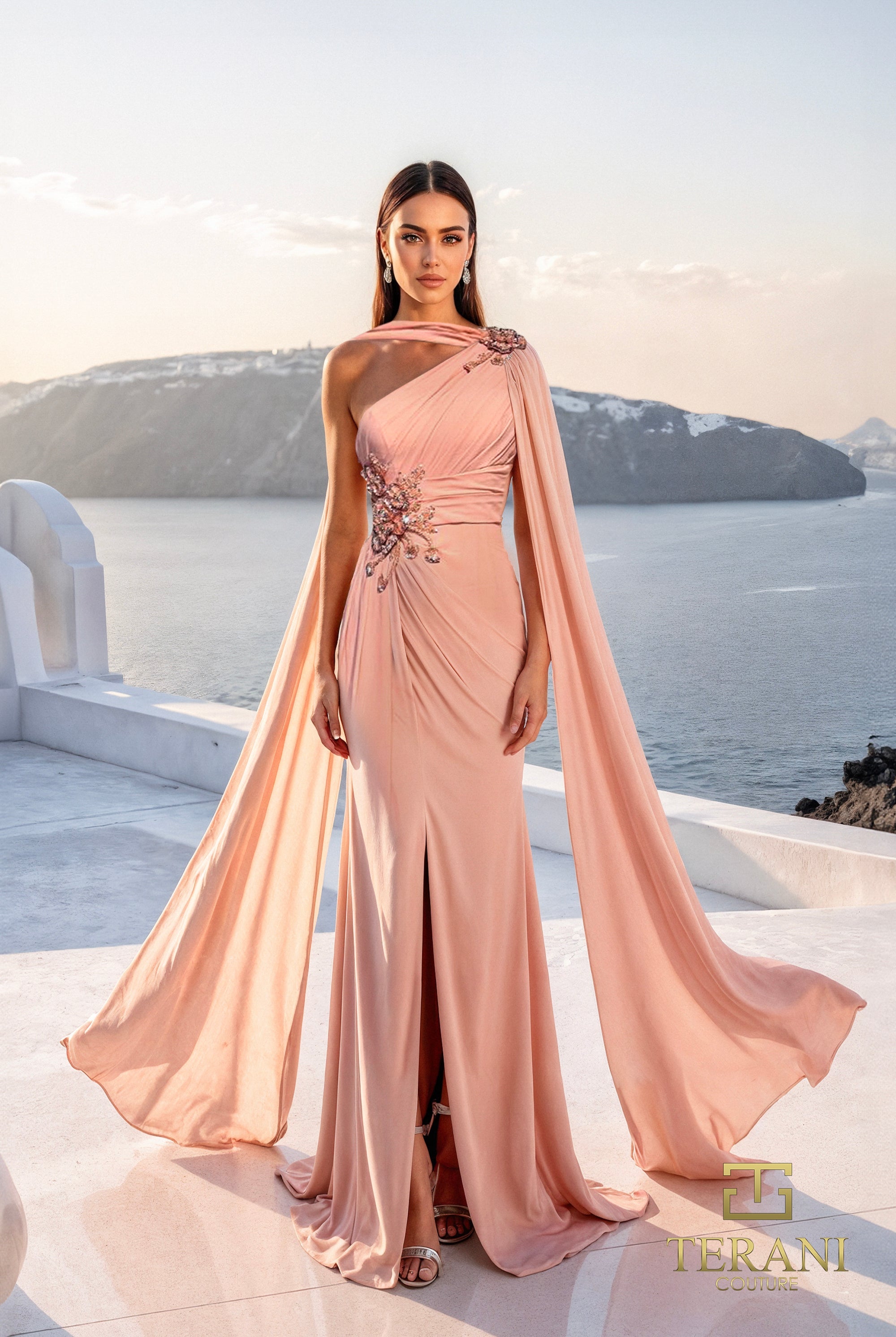 Terani Couture 261E6205 - One Shoulder Chiffon Cape Gown In Pink