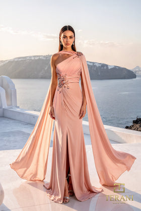Terani Couture 261E6205 Elegant Sophisticated Formal Sheath Cape Evening Chiffon Dress