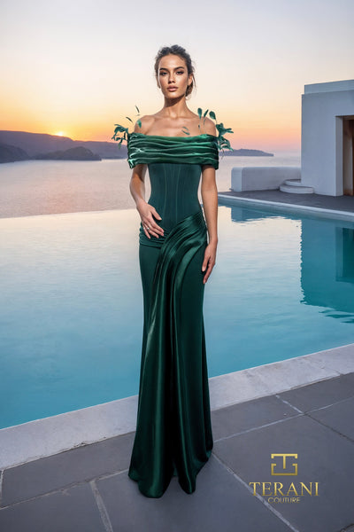 Terani Couture 261E6235 - Feather Accent Off Shoulder Evening Dress In Green