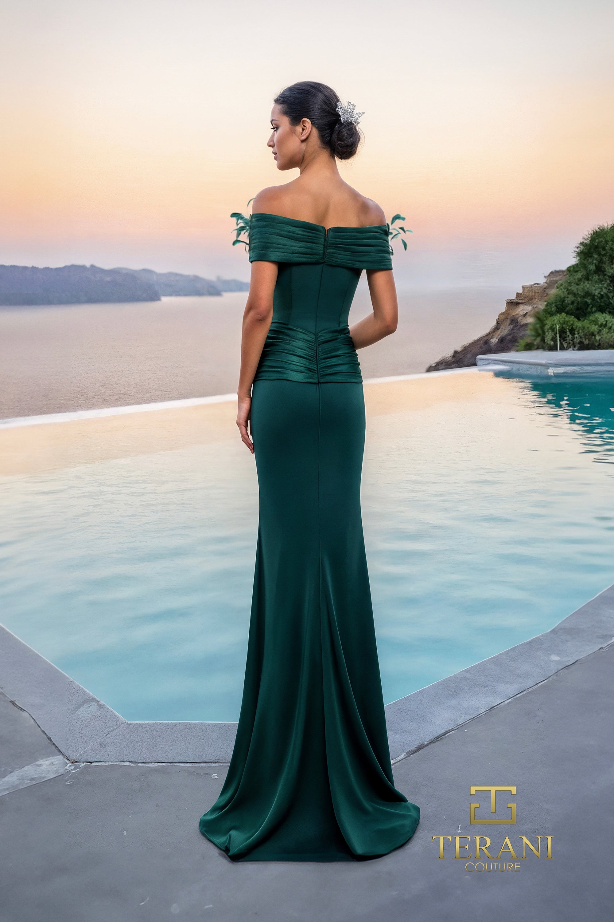 Terani Couture 261E6235 Glamorous Off-Shoulder Sheath Evening Crepe Back Satin Dress