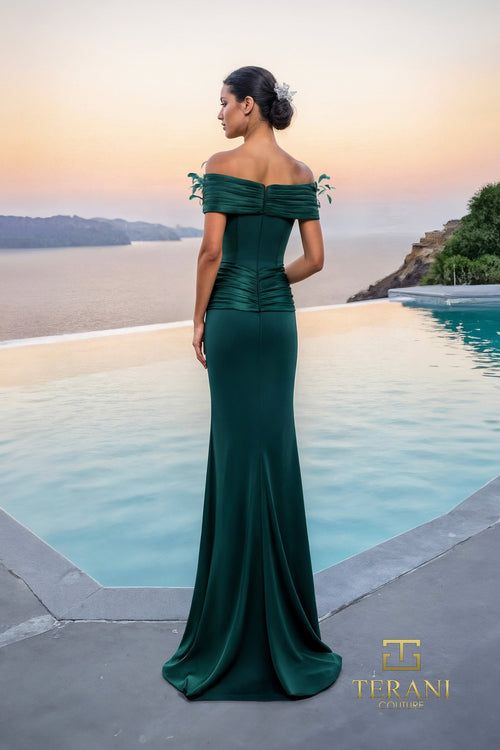 Terani Couture 261E6235 Glamorous Off-Shoulder Sheath Evening Crepe Back Satin Dress