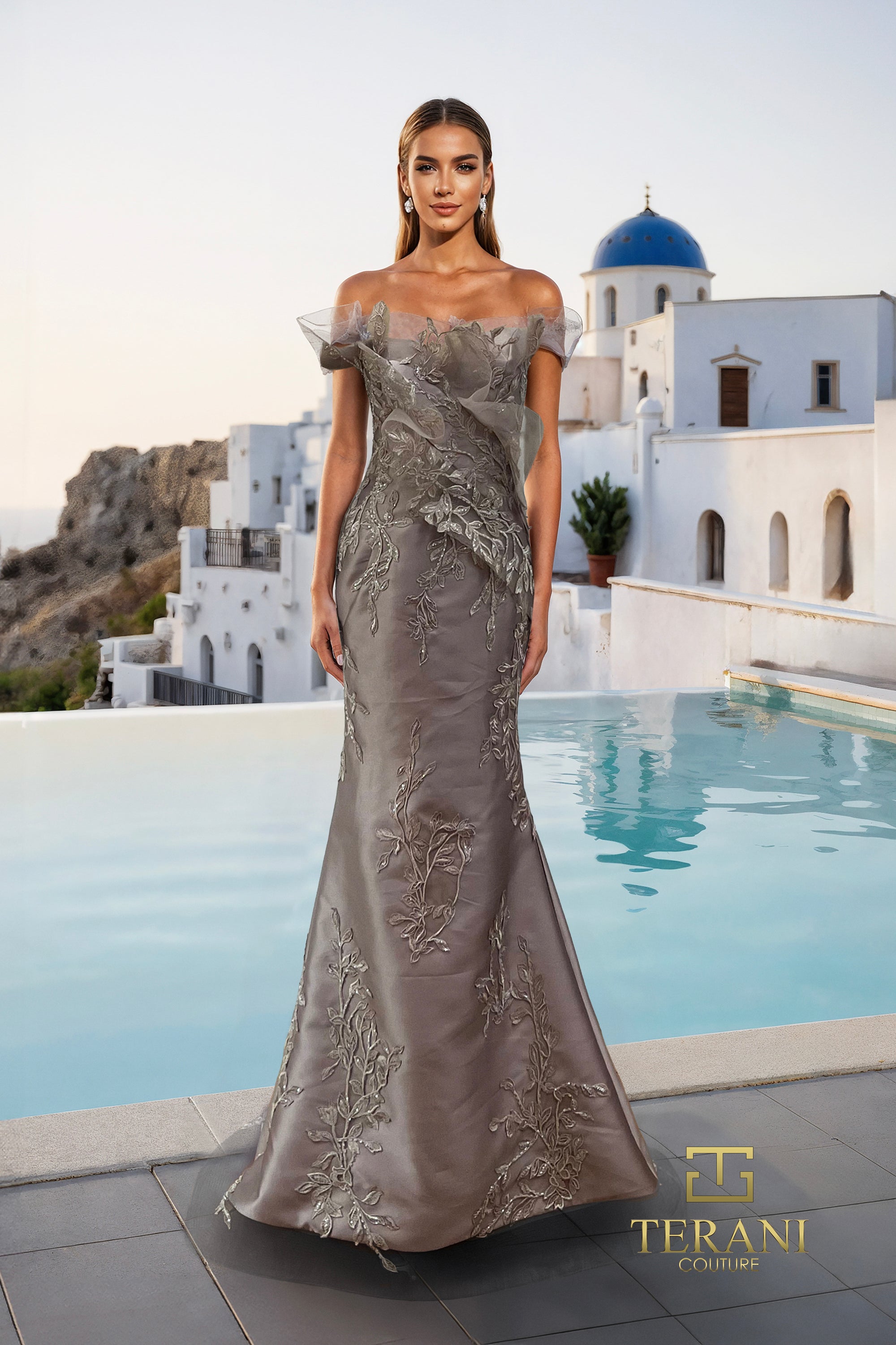 Terani Couture 261E6270 - Leaf Embroidered Off Shoulder Gown In Gray