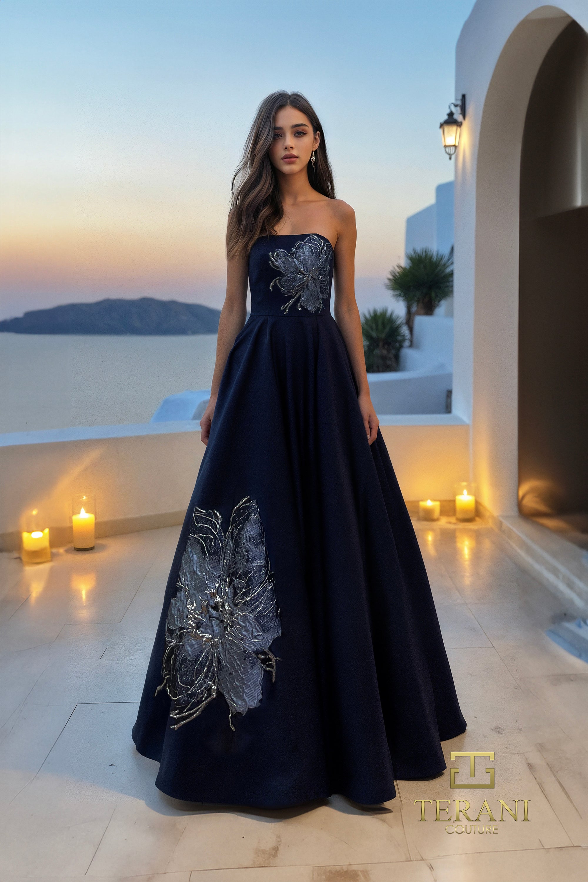 Terani Couture 261E6544 - Strapless Embroidered Satin Gown In Blue