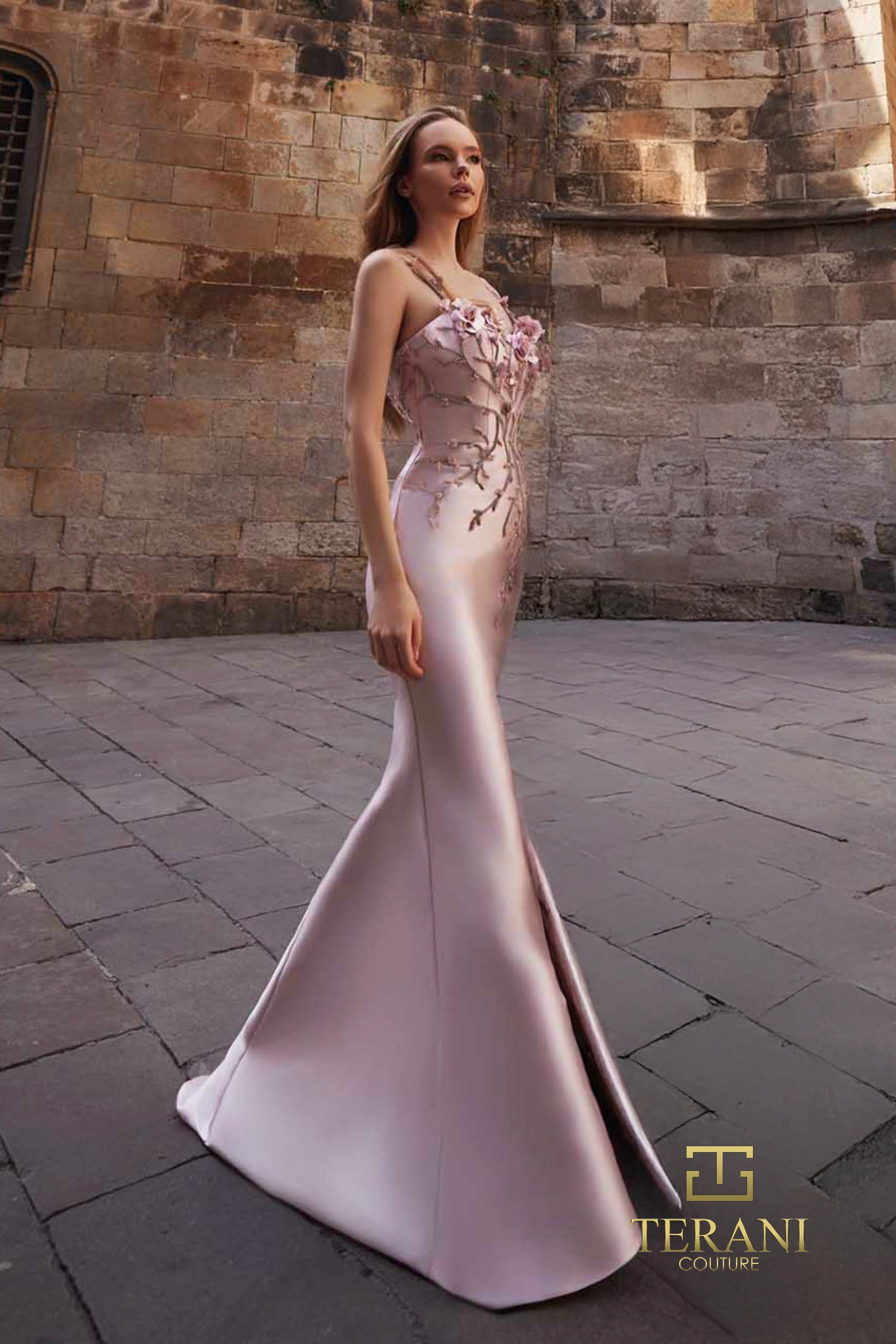 Terani Couture 261E6632 - Spaghetti Strap Embroidered Mikado Dress In Pink