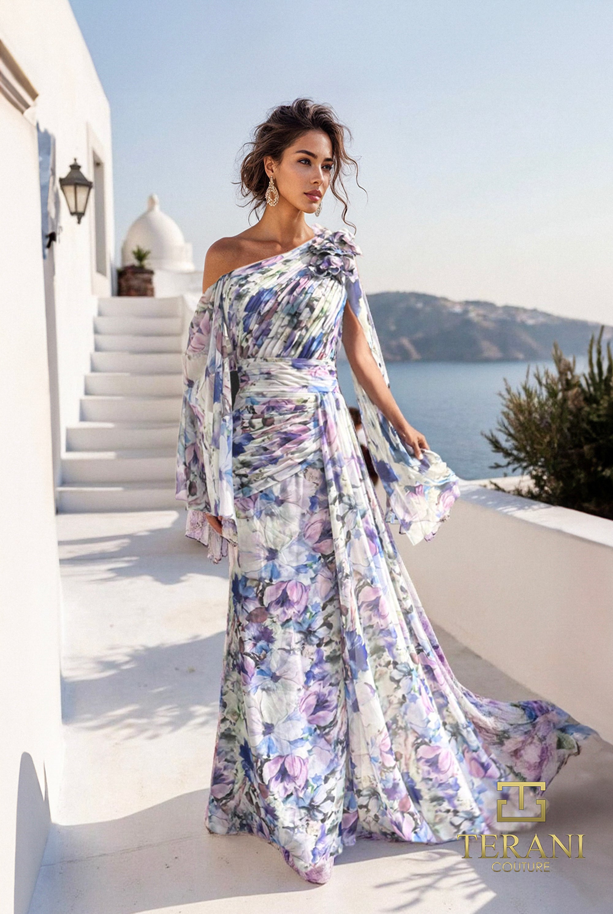 Terani Couture 261E6644 - Floral Print Asymmetric Pleated Dress In Blue and Purple