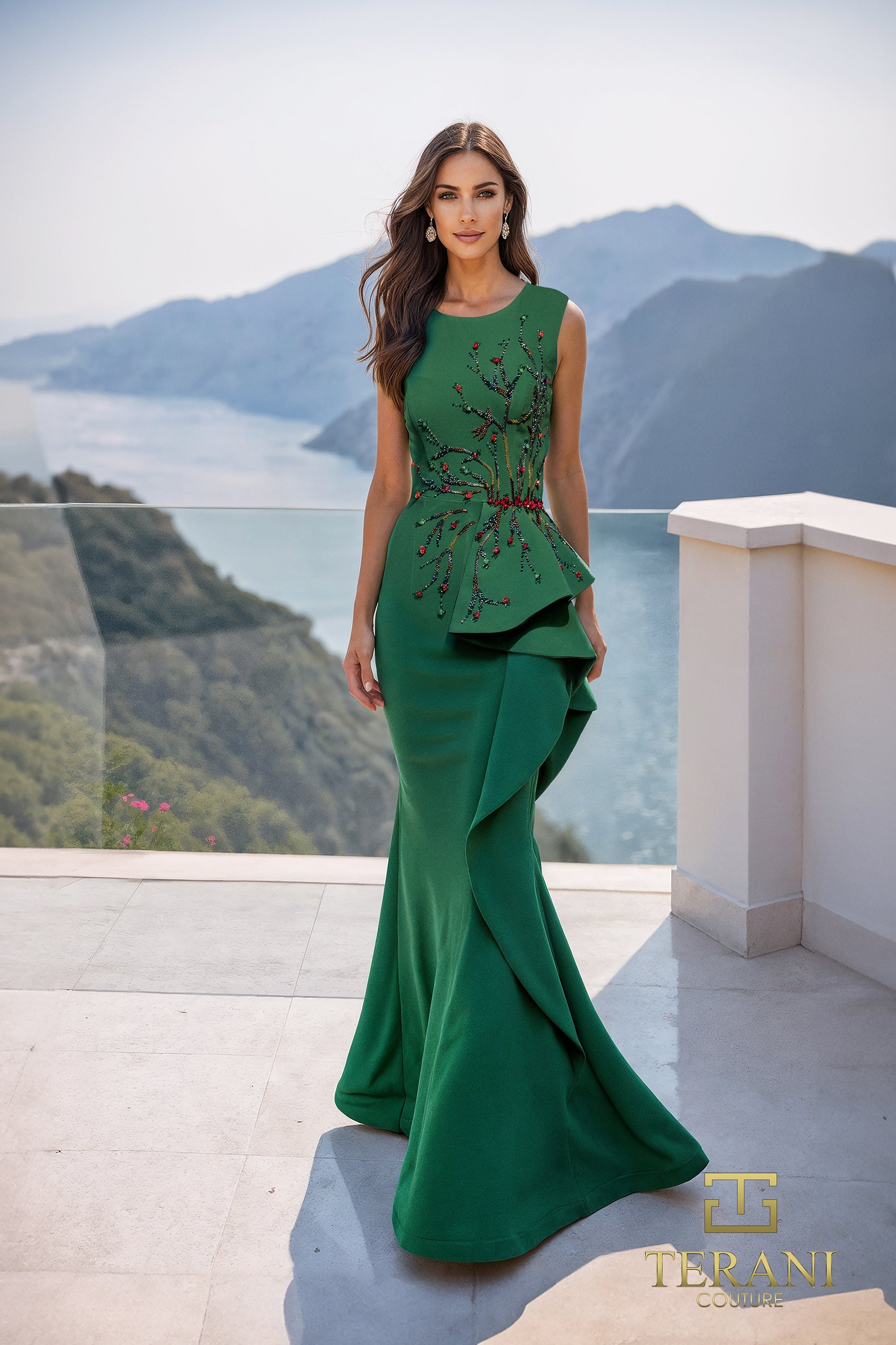 Terani Couture 261E6750 - Beaded Crepe Peplum Evening Dress In Green