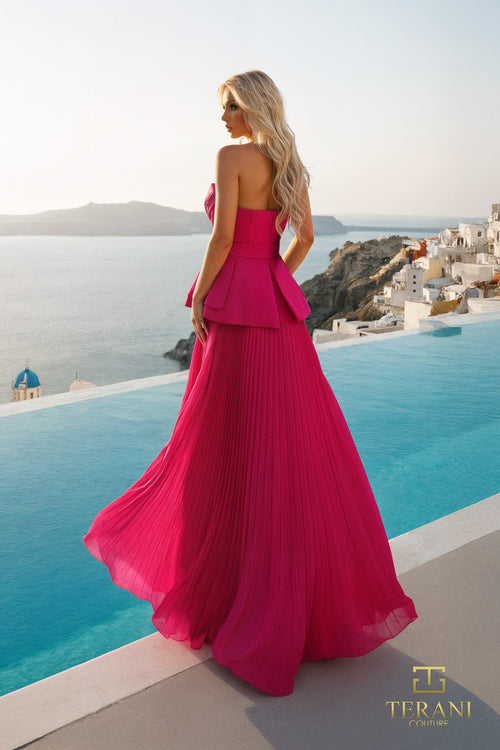 Terani Couture 261E6755 Glamorous Peplum A-Line Beaded Pleated Evening Chiffon Dress