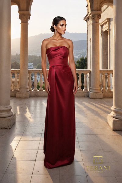 Terani Couture 261M6415 Glamorous Strapless A-Line Pleated Evening Matte Satin Dress