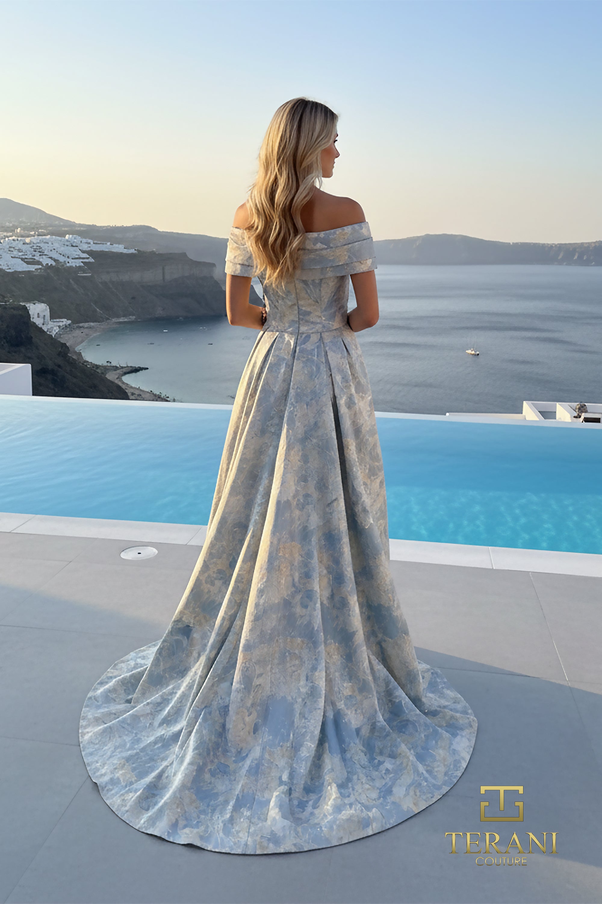 Terani Couture 261M6444 Red Carpet Evening Off-Shoulder A-Line Pleated Jacquard Dress