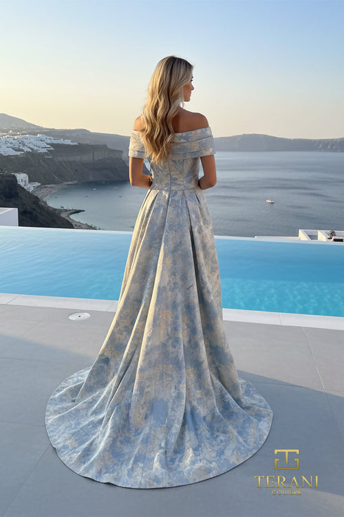 Terani Couture 261M6444 Red Carpet Evening Off-Shoulder A-Line Pleated Jacquard Dress