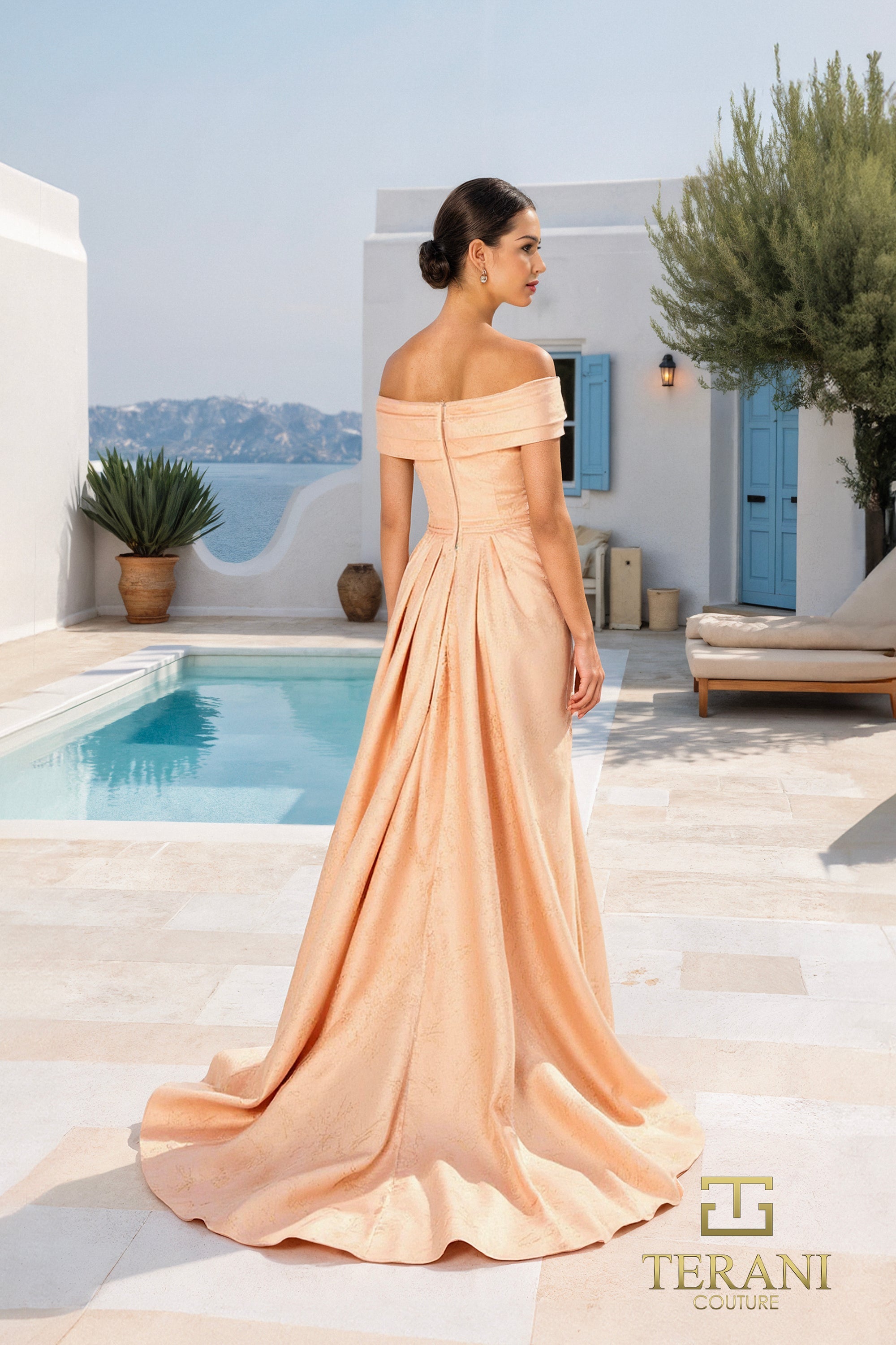 Terani Couture 261M6444 Red Carpet Evening Off-Shoulder A-Line Pleated Jacquard Dress