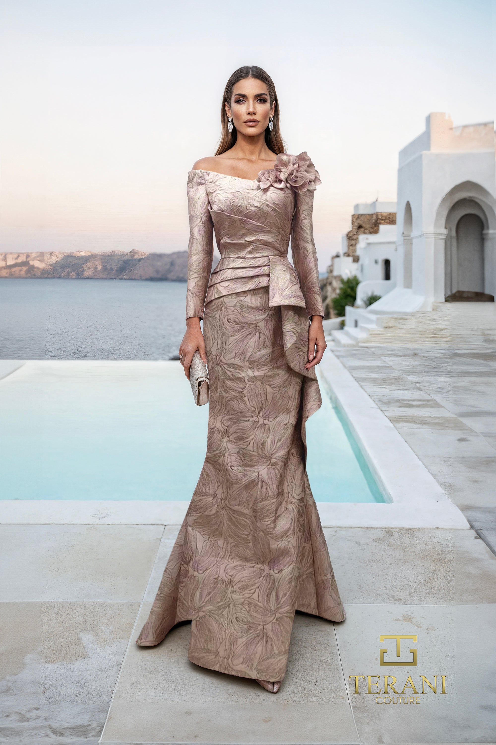 Terani Couture 261M6448 - Pleated Bodice Asymmetric Jacquard Gown In Pink