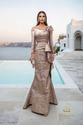 Terani Couture 261M6448 Evening Trumpet Floral Applique Pleated Formal Jacquard Dress