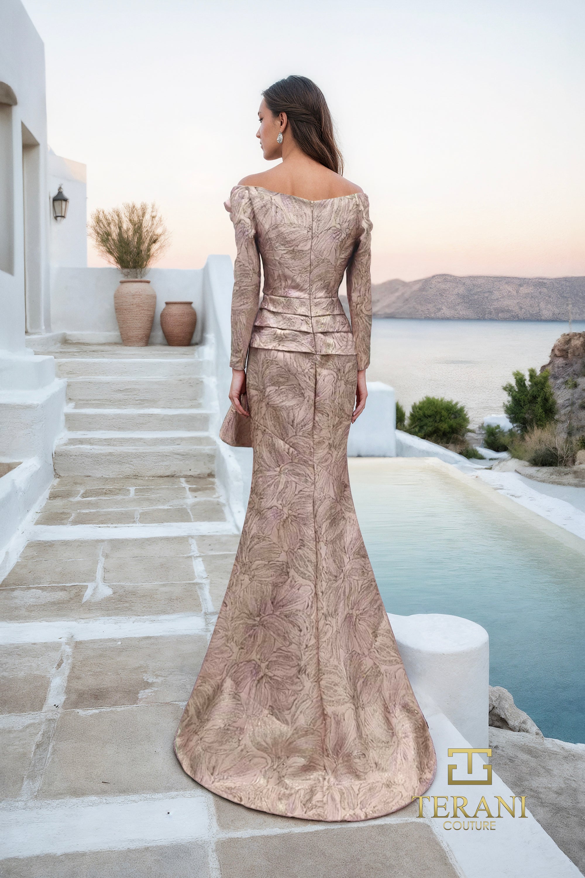 Terani Couture 261M6448 Evening Trumpet Floral Applique Pleated Formal Jacquard Dress