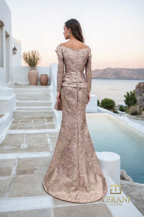 Terani Couture 261M6448 Evening Trumpet Floral Applique Pleated Formal Jacquard Dress
