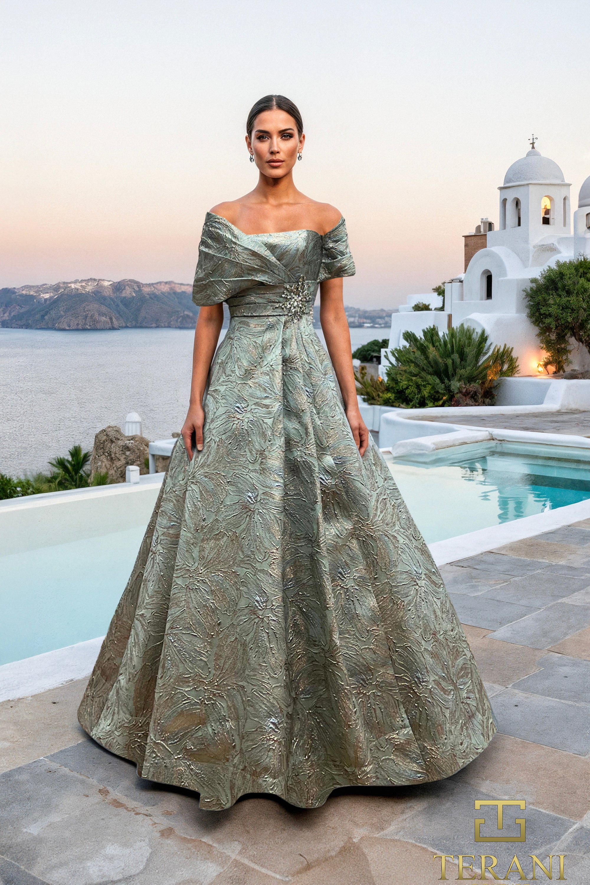 Terani Couture 261M6453 - Floral Jacquard A-Line Evening Gown In Green