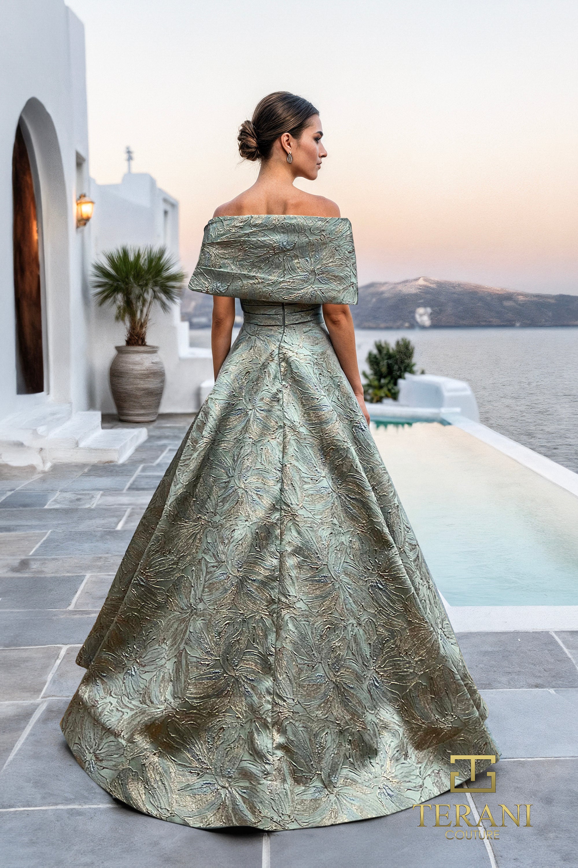 Terani Couture 261M6453 Formal Off-Shoulder A-Line Pleated Long Evening Jacquard Dress
