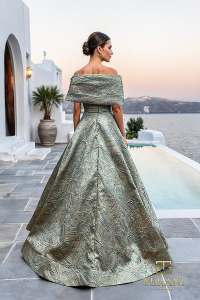 Terani Couture 261M6453 Formal Off-Shoulder A-Line Pleated Long Evening Jacquard Dress