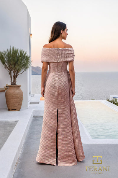 Terani Couture 261M6679 Sophisticated Evening Off-Shoulder Sheath Cape Jacquard Dress
