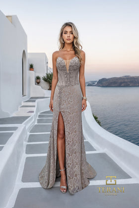 Terani Couture 261P6118 Glamorous Strapless Illusion Sheath Beaded Formal Lace Dress