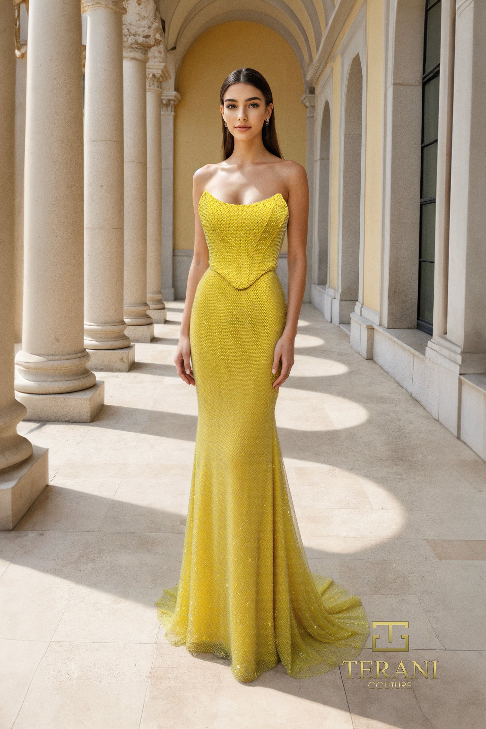 Terani Couture 261P6187 - Scoop Neckline Fishnet Prom Dress In Yellow