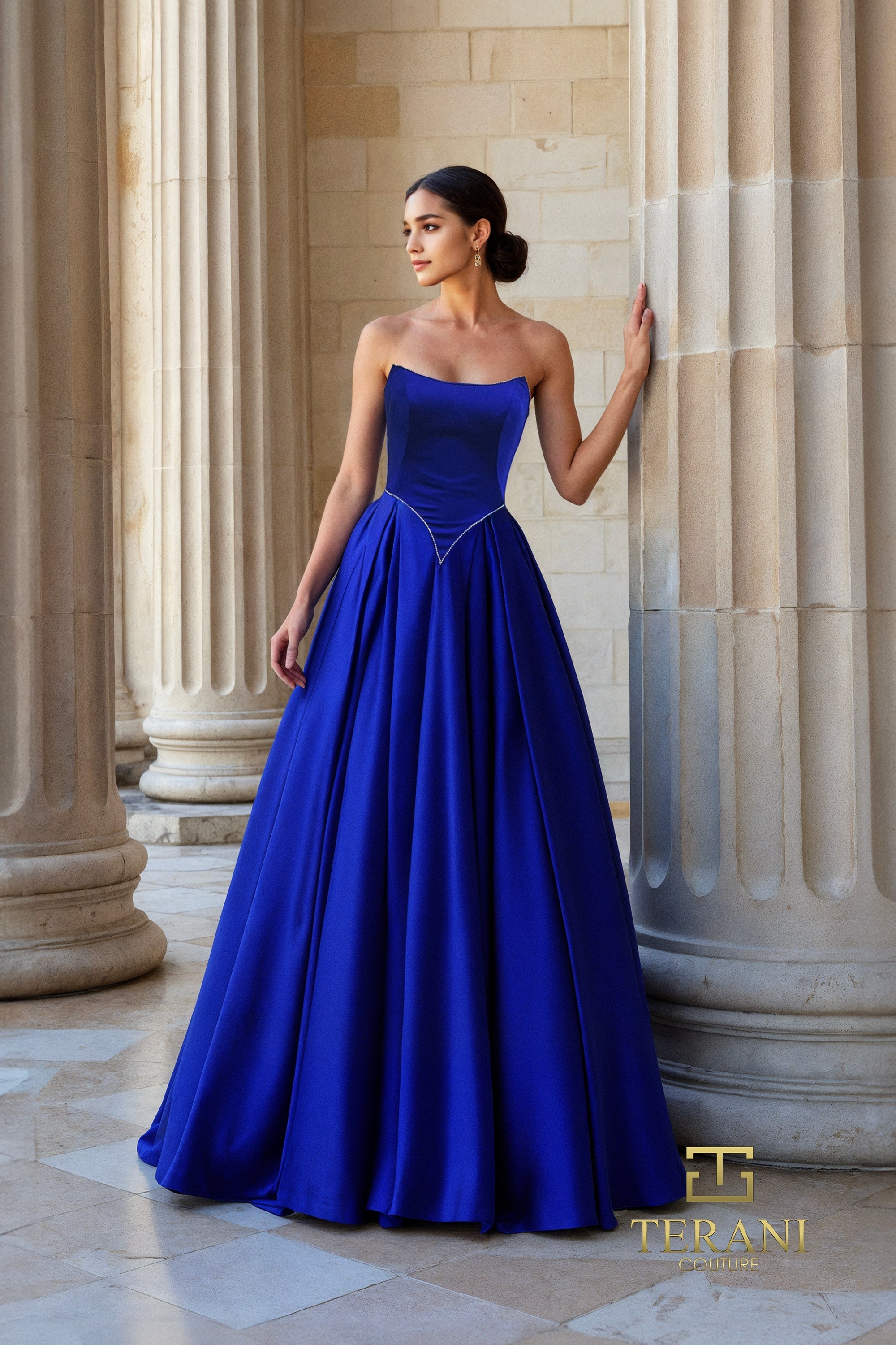 Terani Couture 261P6194 - Scoop Neckline Satin Ball Gown In Blue