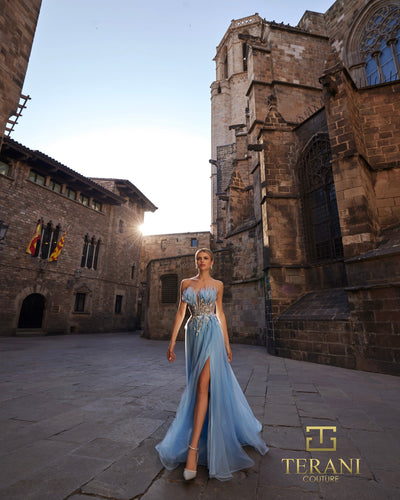 Terani Couture 261P6631 - Applique Sweetheart Mesh Prom Gown In Blue and Multi