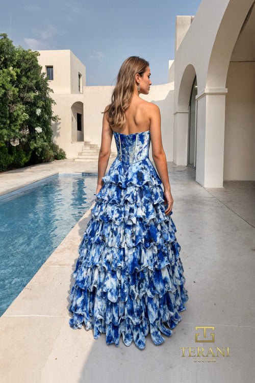 Terani Couture 261P6690 Elegant BallDress Draped Ruffled Formal Printed Chiffon Dress
