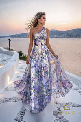 Terani Couture 261P6696 Elegant One-Shoulder Sleeveless Evening Printed Chiffon Dress