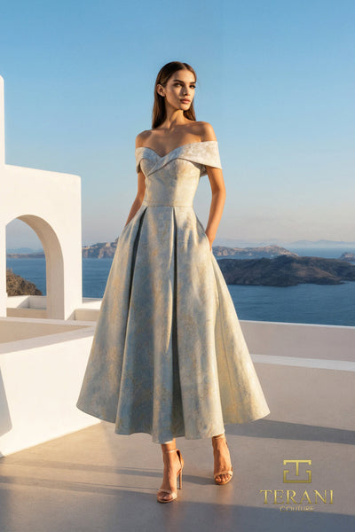 Terani Couture 261C6515 Elegant Off-Shoulder Sweetheart A-Line Formal Jacquard Dress