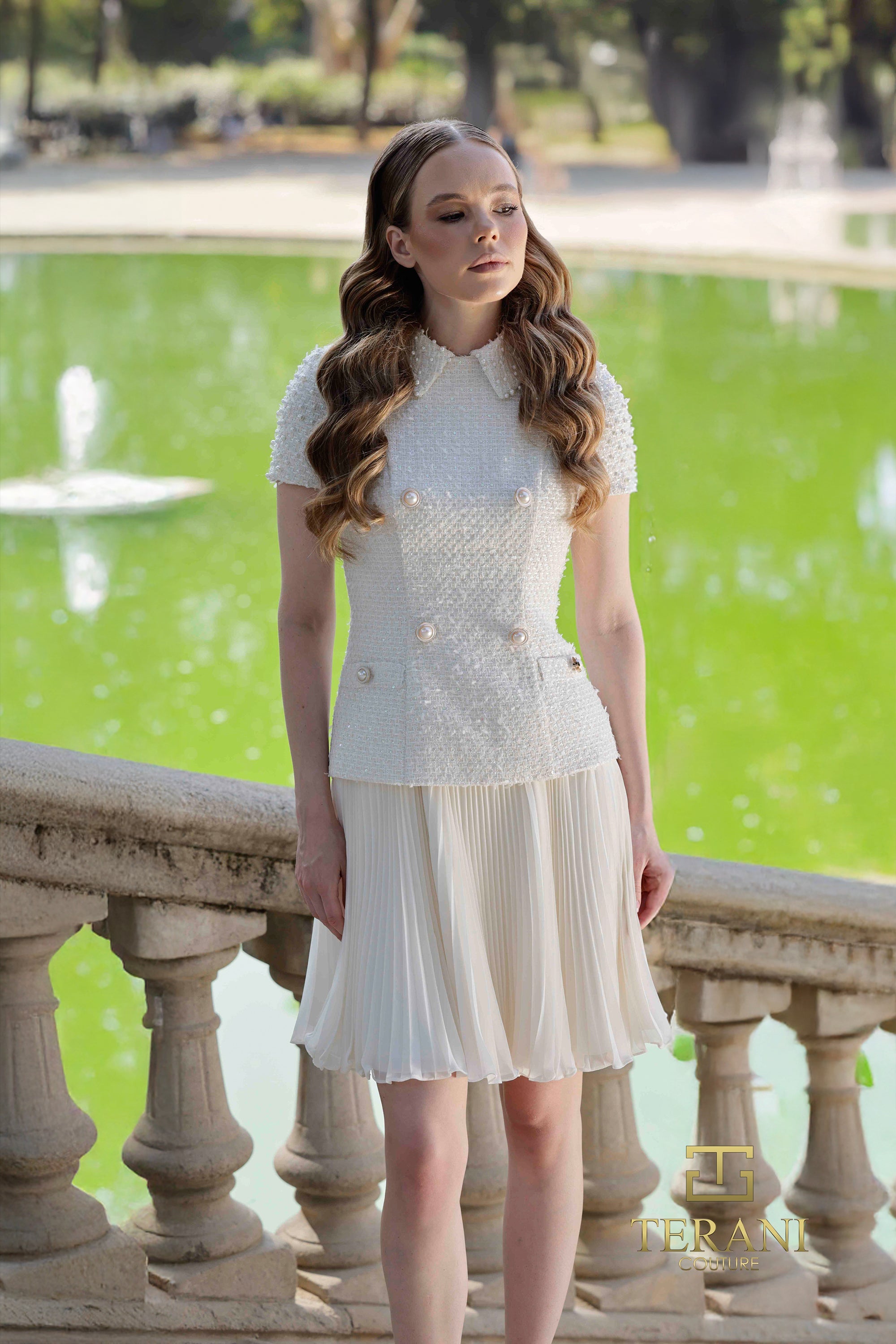 Terani Couture 261C6519 - Collared Short Sleeve Tweed Dress In White