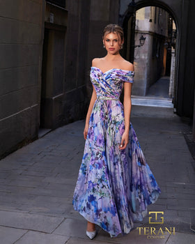 Terani Couture 261C6641 Off-Shoulder A-Line Pleated Long Formal Printed Chiffon Dress