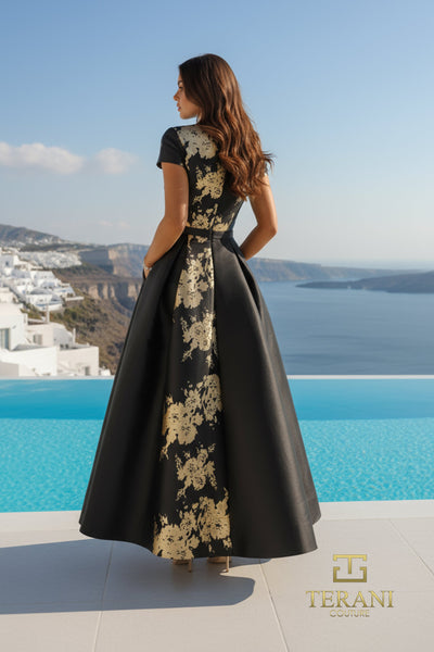 Terani Couture 261E5194 Black & Yellow Cap Sleeve Formal Printed Mikado Pantsuit with Overskirt
