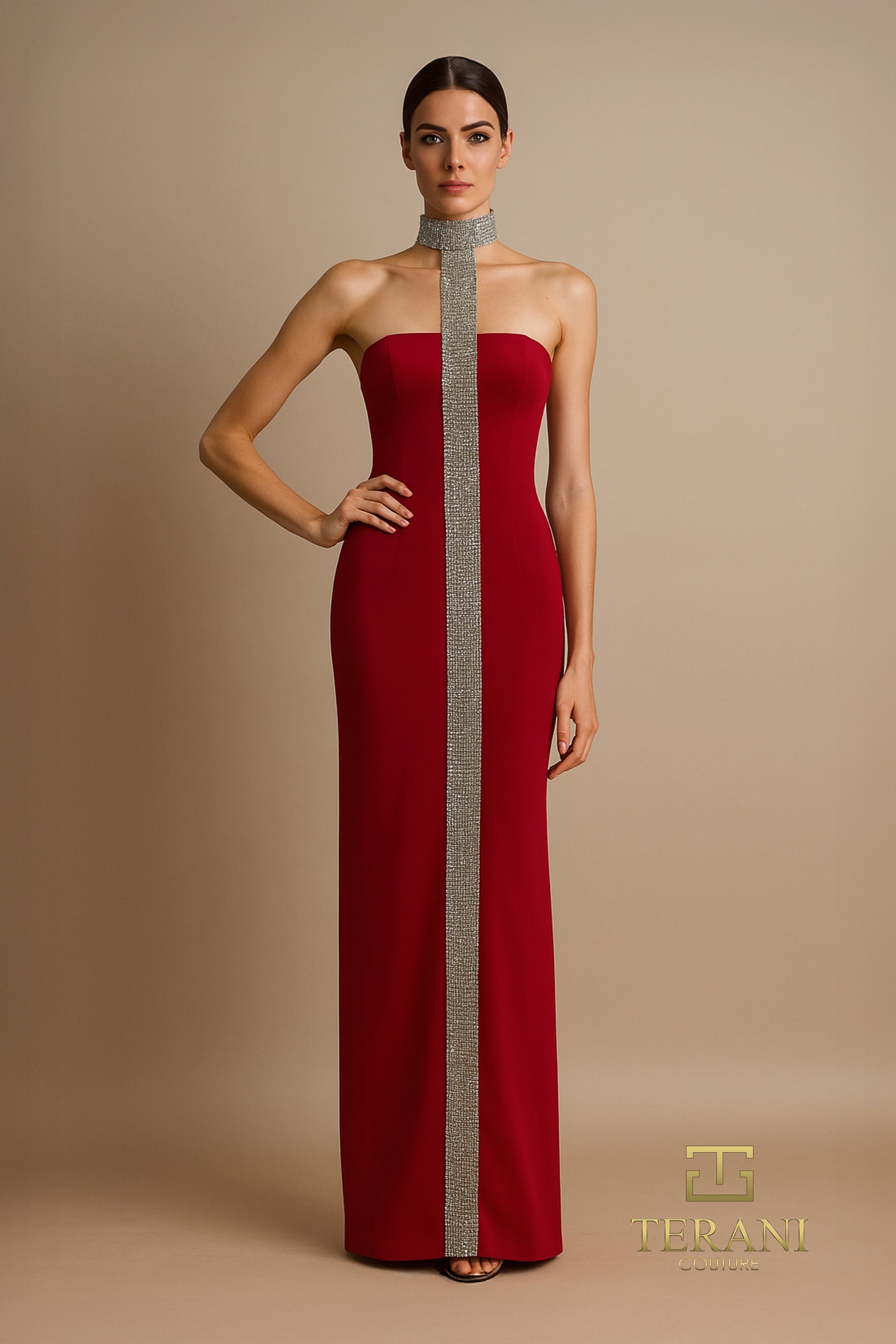 Terani Couture 261E6119 - Crystal Embellished High Neck Evening Gown In Red