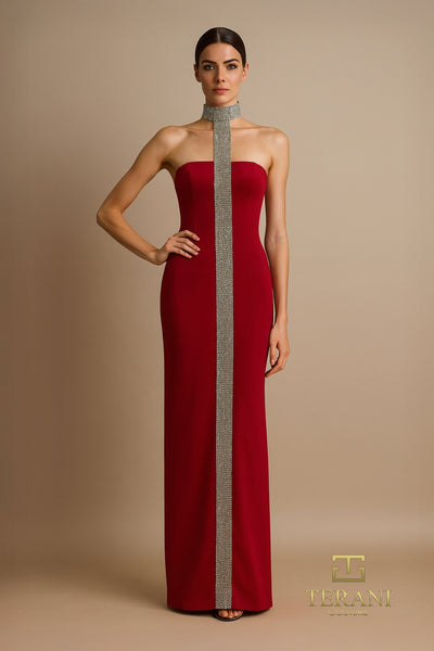 Terani Couture 261E6119 - Crystal Embellished High Neck Evening Gown In Red