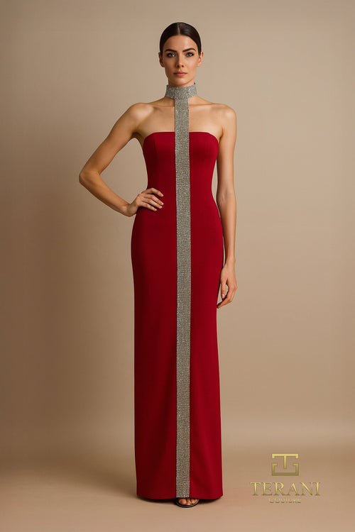 Terani Couture 261E6119 - Crystal Embellished High Neck Evening Gown In Red