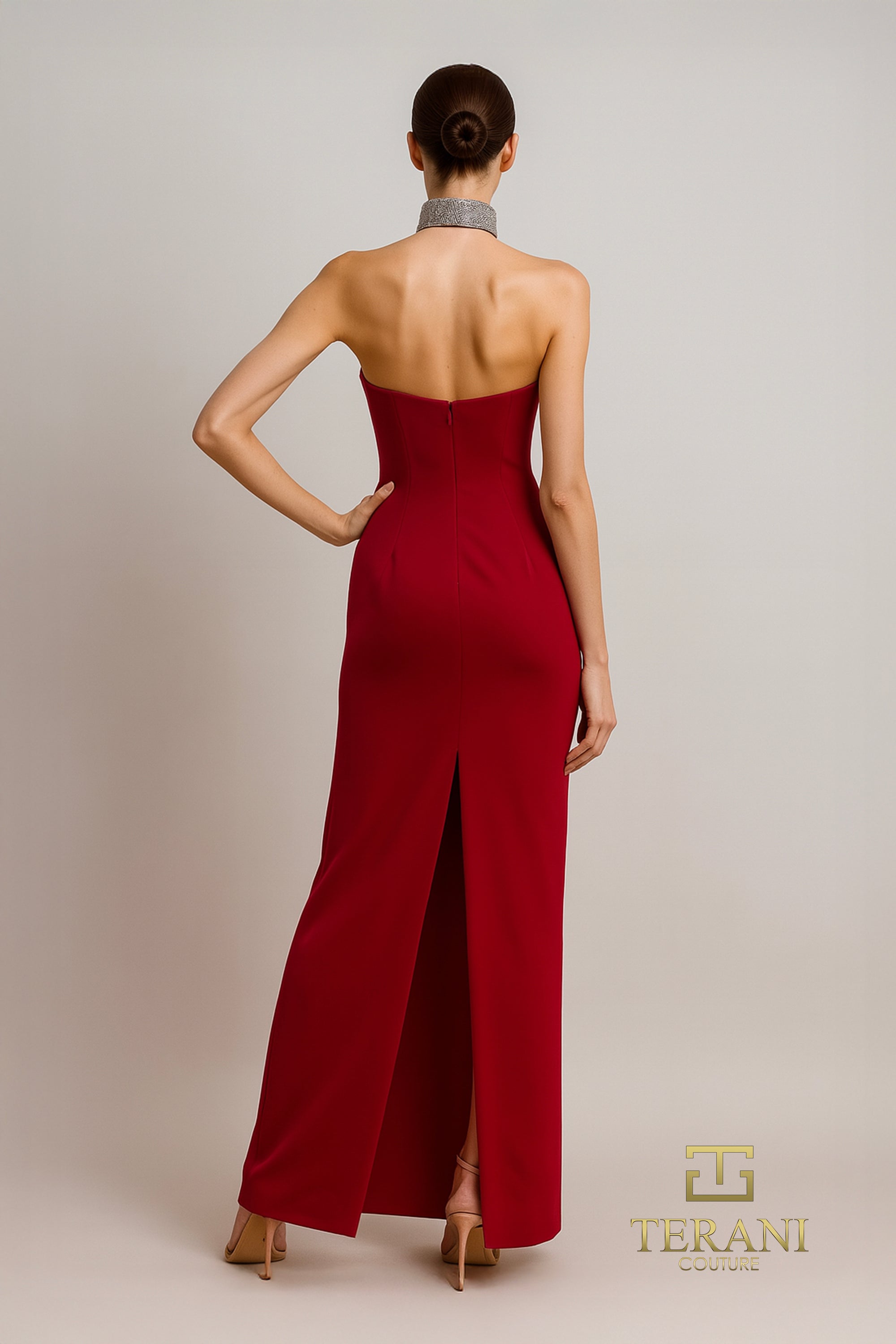 Terani Couture 261E6119 Elegant Sophisticated Strapless Column Slit Formal Scuba Dress