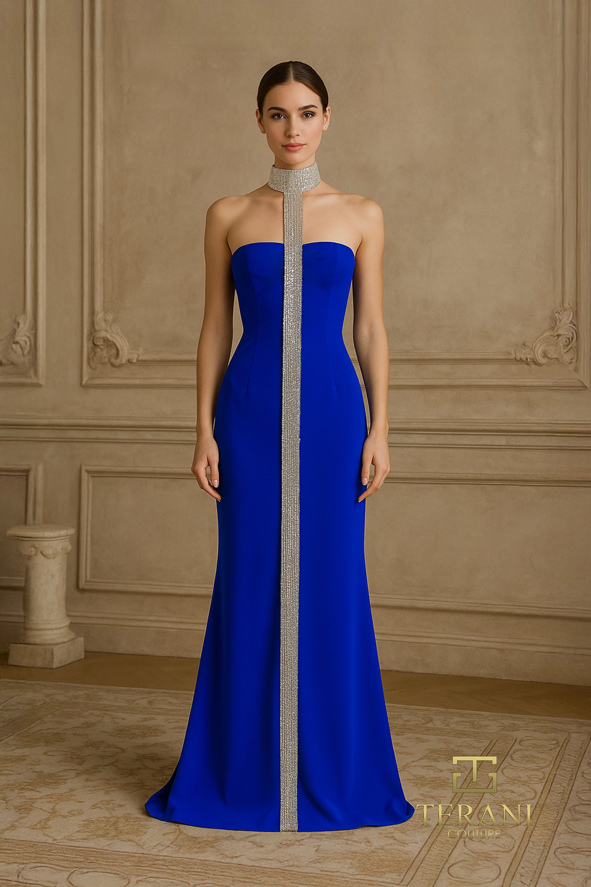 Terani Couture 261E6119 - Crystal Embellished High Neck Evening Gown In Blue