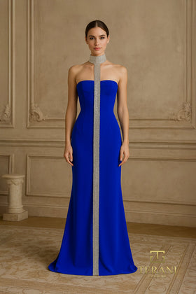 Terani Couture 261E6119 Elegant Sophisticated Strapless Column Slit Formal Scuba Dress