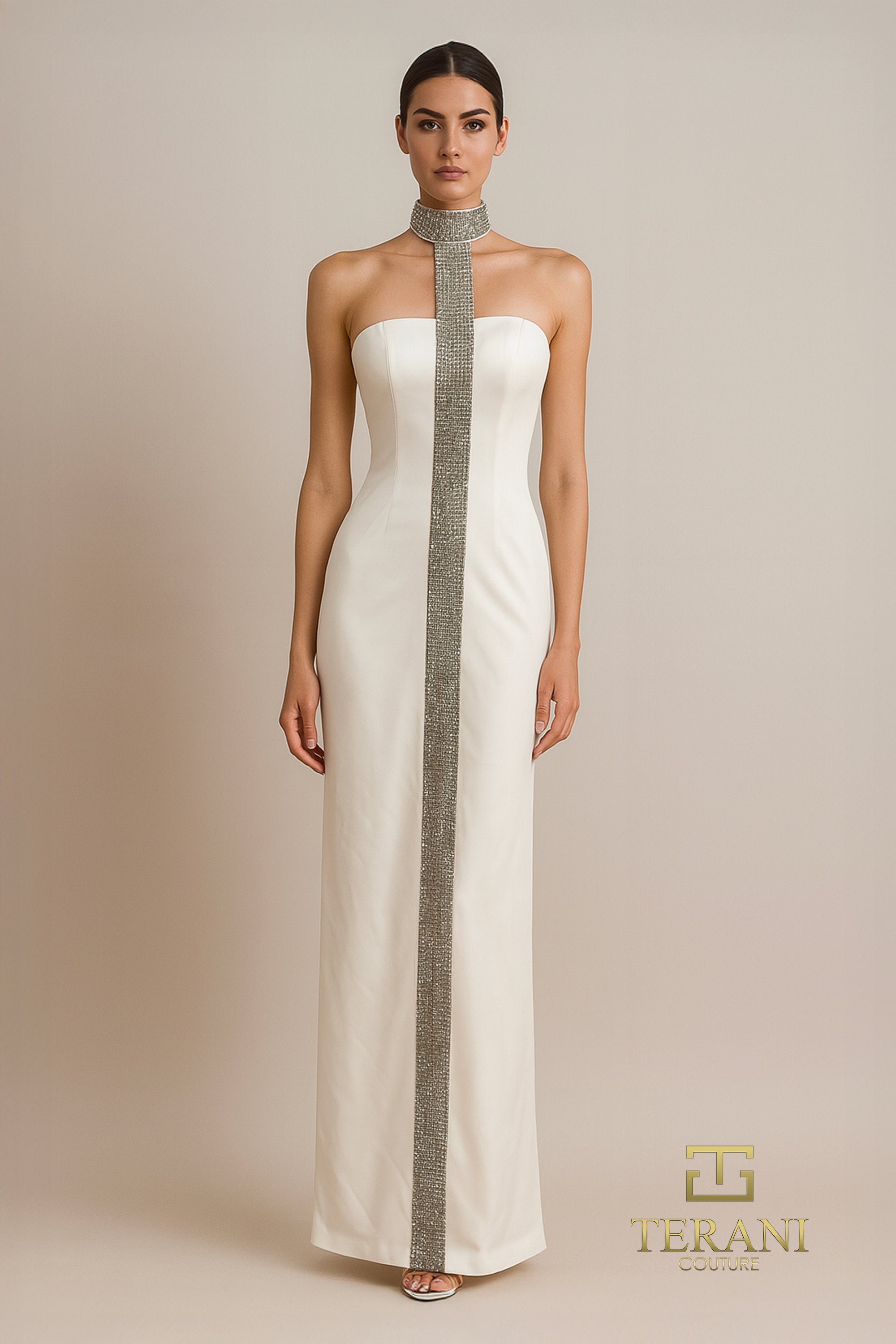 Terani Couture 261E6119 - Crystal Embellished High Neck Evening Gown In White