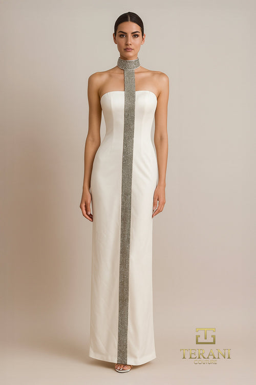 Terani Couture 261E6119 - Crystal Embellished High Neck Evening Gown In White