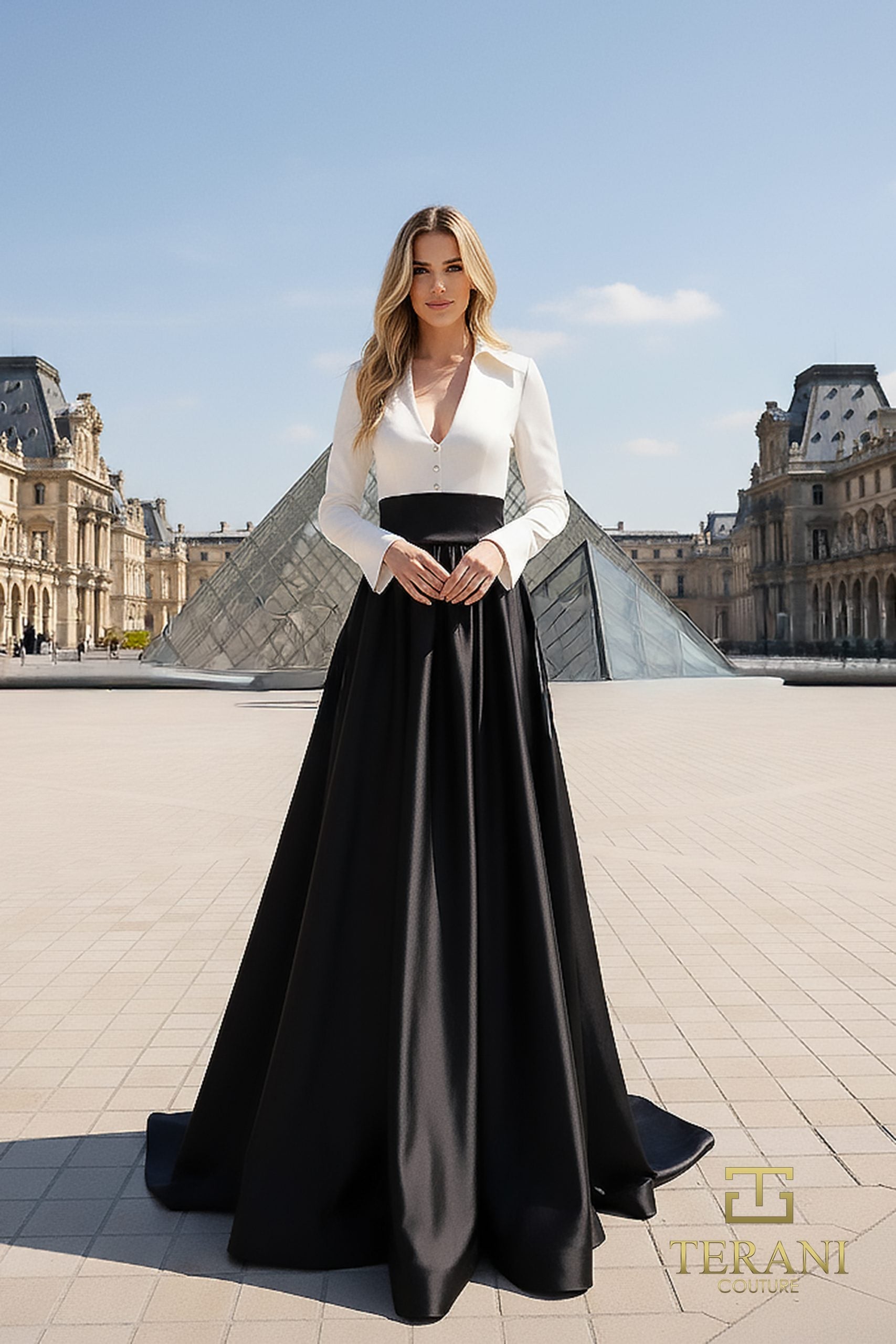 Terani Couture 261E6204 - Long Sleeve Matte Taffeta Evening Dress In White and Black