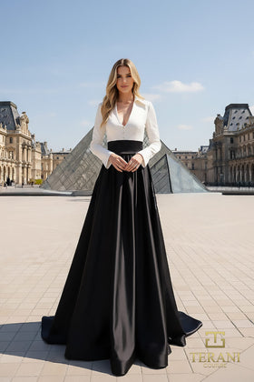 Terani Couture 261E6204 Elegant V-Neck A-Line Long Sleeve Evening Taffeta Dress