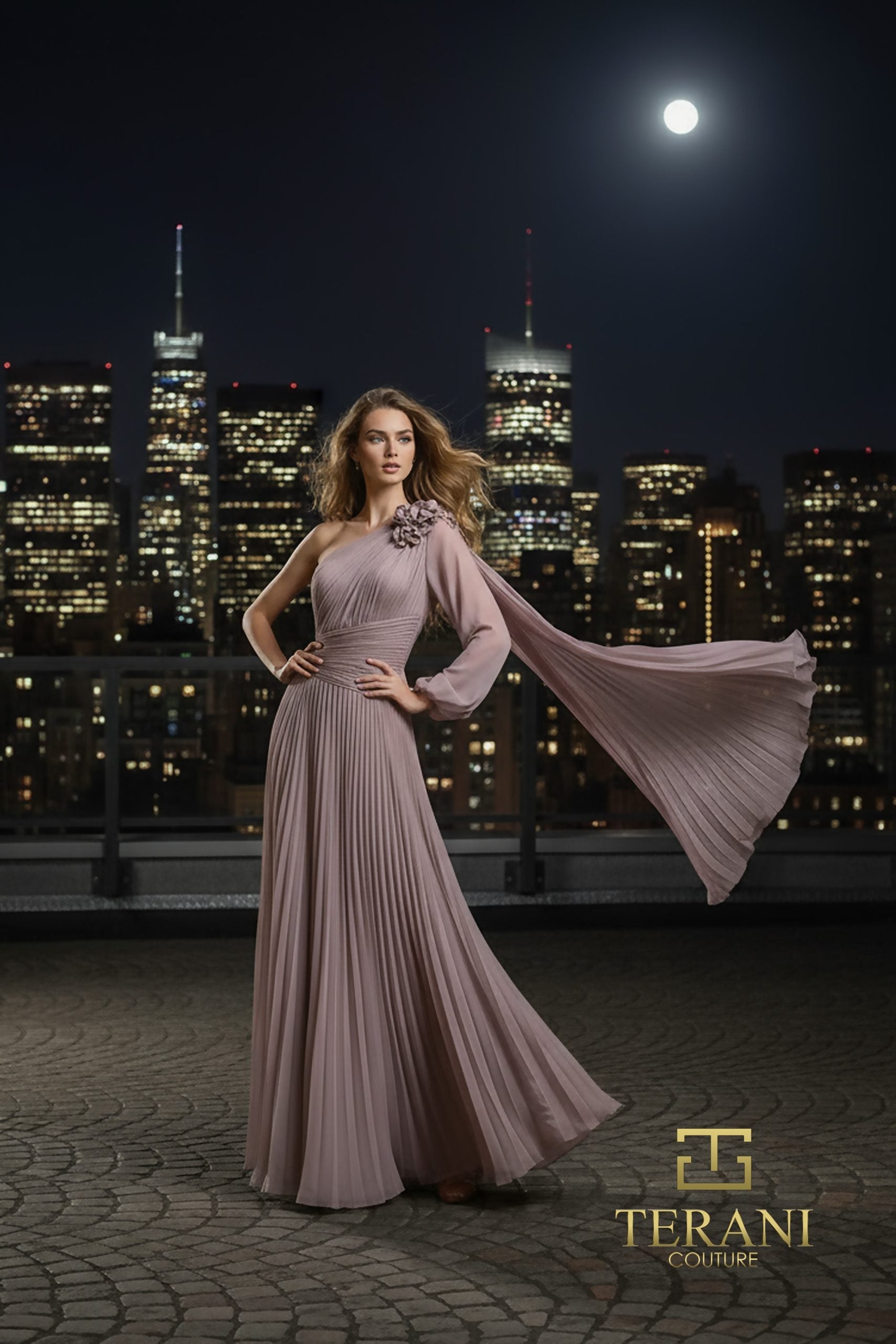 Terani Couture 261E6206 - One Shoulder Pleated Chiffon Cape Dress In Purple