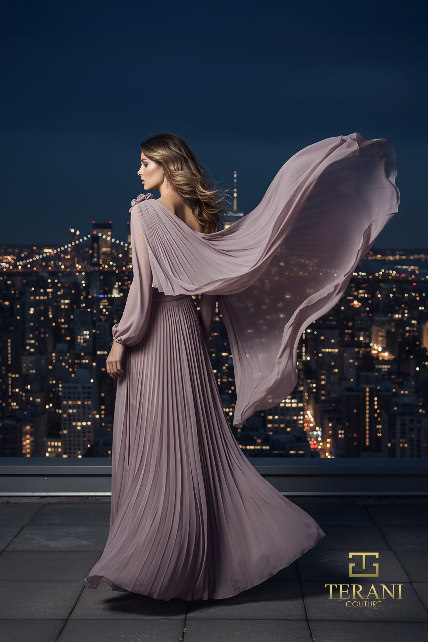 Terani Couture 261E6206 Glamorous Formal One-Shoulder A-Line Cape Long Chiffon Dress