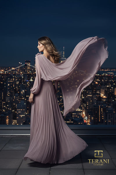 Terani Couture 261E6206 Glamorous Formal One-Shoulder A-Line Cape Long Chiffon Dress