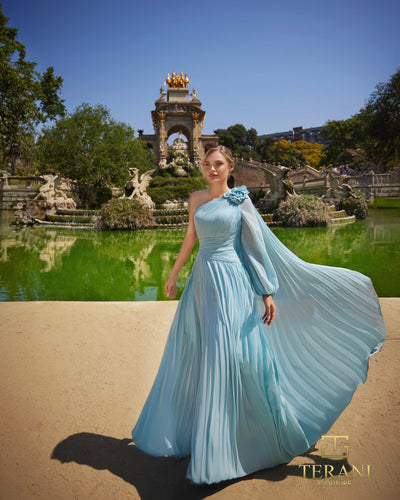 Terani Couture 261E6206 Glamorous Formal One-Shoulder A-Line Cape Long Chiffon Dress