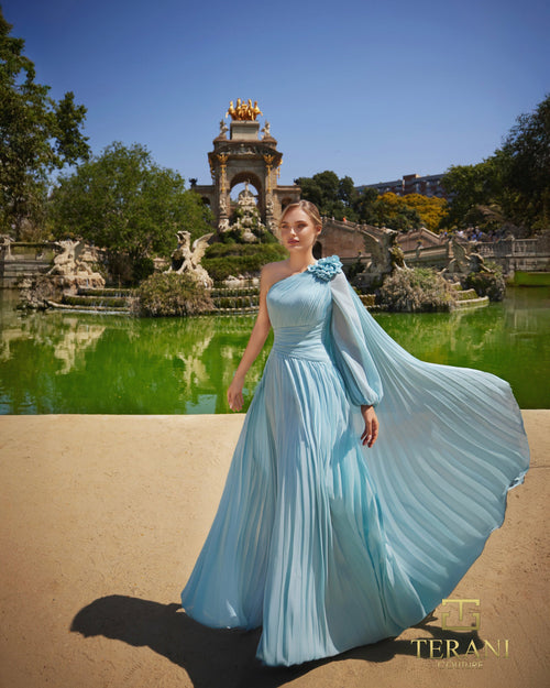 Terani Couture 261E6206 Glamorous Formal One-Shoulder A-Line Cape Long Chiffon Dress