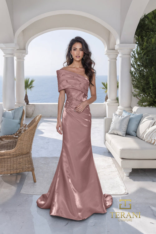 Terani Couture 261E6227 - Asymmetric Neck Shimmer Evening Gown In Brown